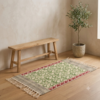 Green and red zig zag borders floral vine Hand Block Printed Jute Rug