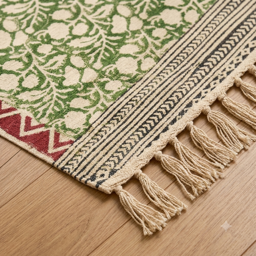 Green and red zig zag borders floral vine Hand Block Printed Jute Rug