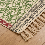Green and red zig zag borders floral vine Hand Block Printed Jute Rug