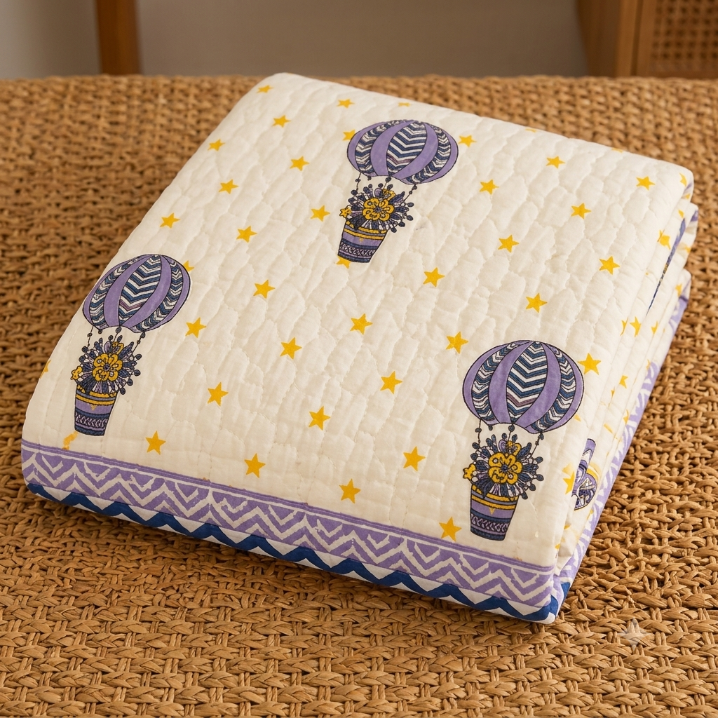 Blue Air Balloon Hand Block  & Quilt/ Razai