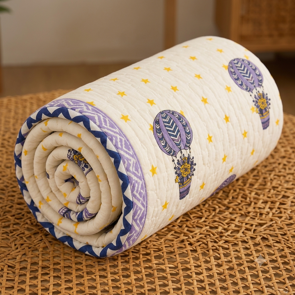 Blue Air Balloon Hand Block  & Quilt/ Razai