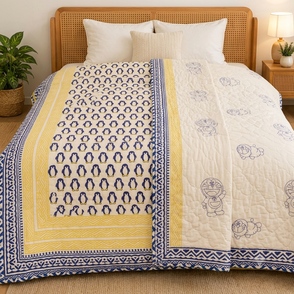 Blue Penguin Patterns Hand Block  & Quilt/ Razai