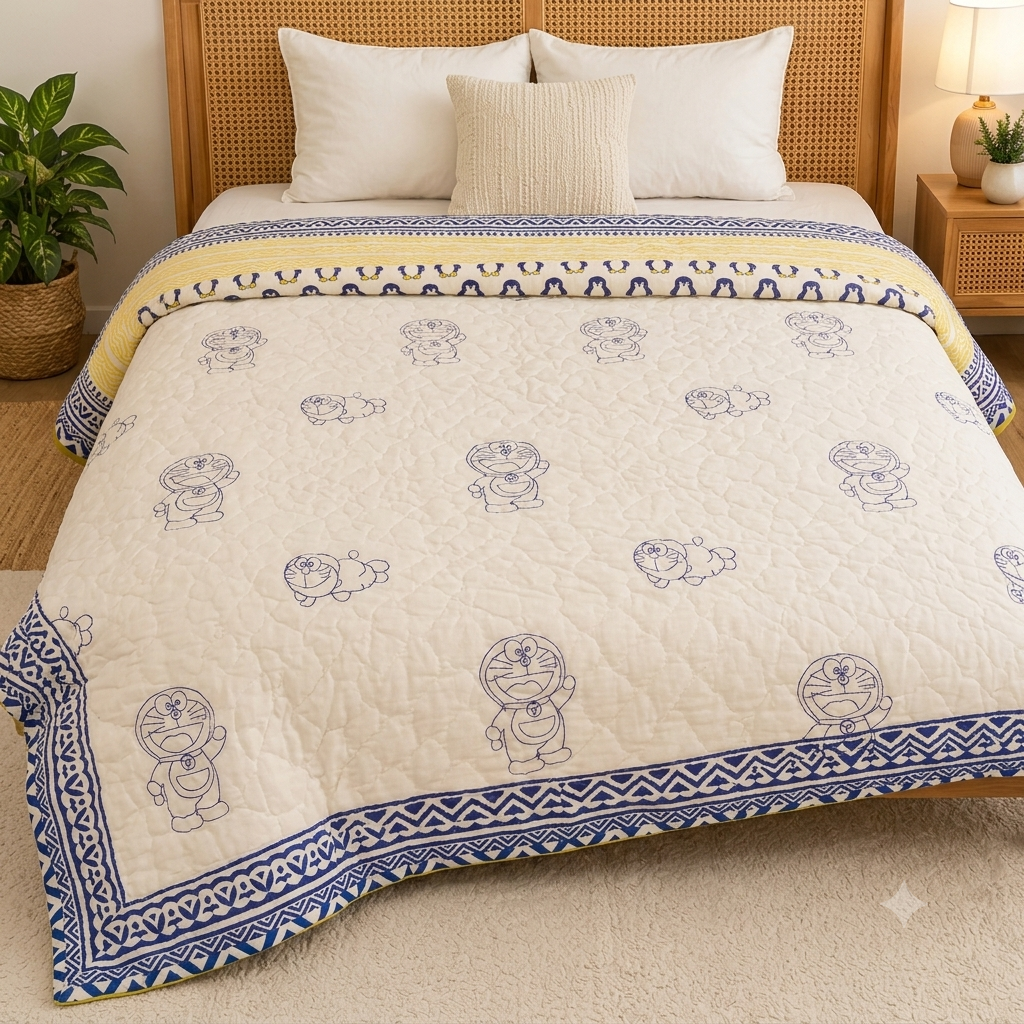 Blue Penguin Patterns Hand Block  & Quilt/ Razai