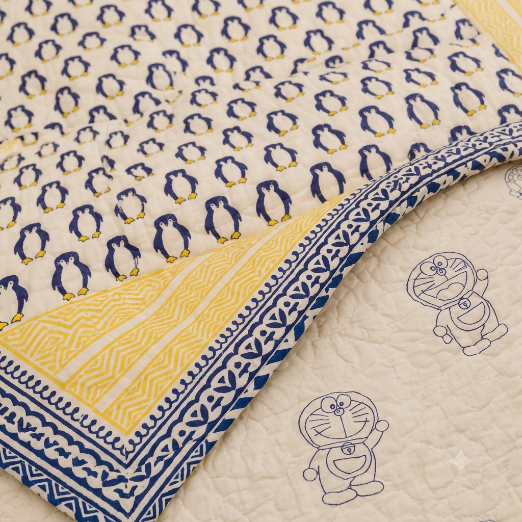 Blue Penguin Patterns Hand Block  & Quilt/ Razai