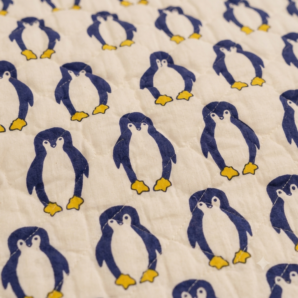 Blue Penguin Patterns Hand Block  & Quilt/ Razai