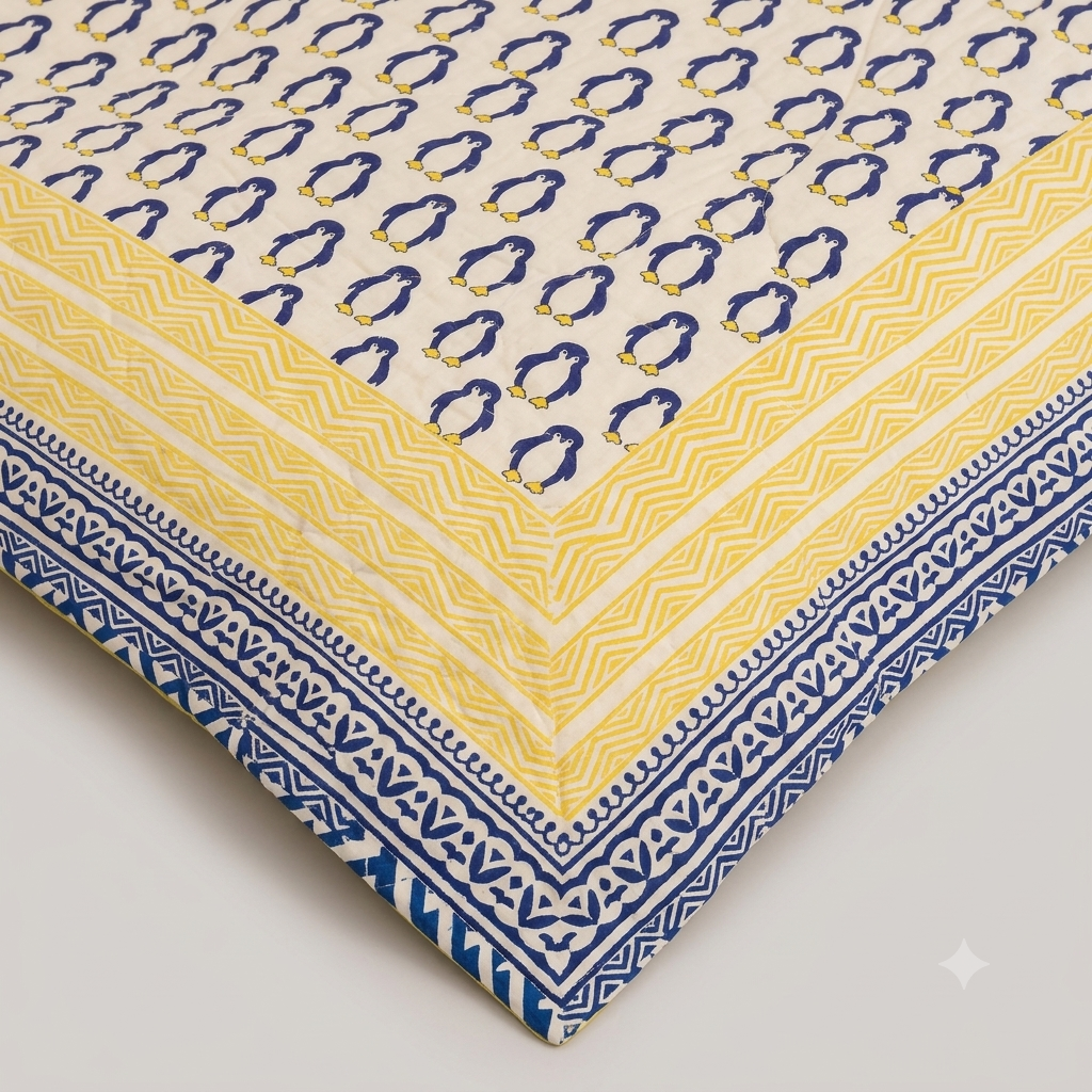 Blue Penguin Patterns Hand Block  & Quilt/ Razai