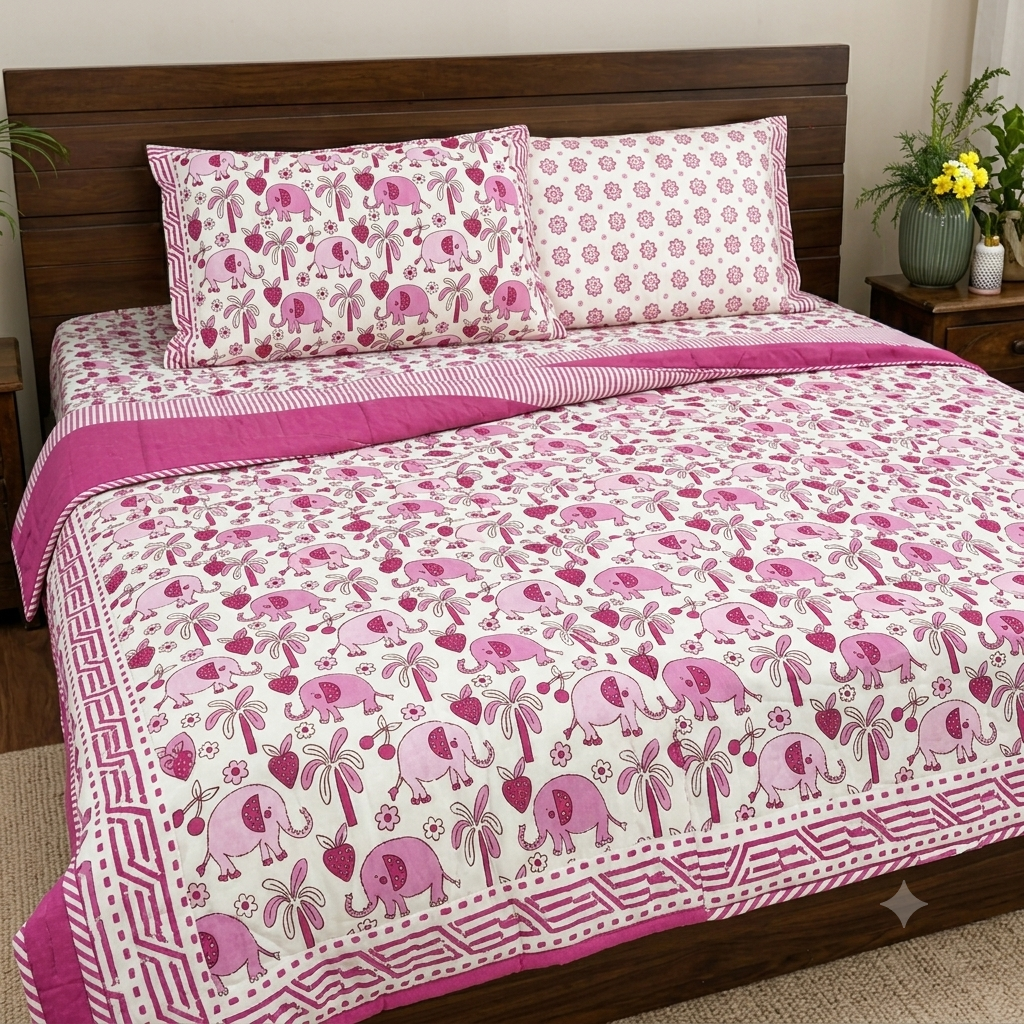 Pink Baby Elephant Patterns Hand Block  & Quilt/ Razai