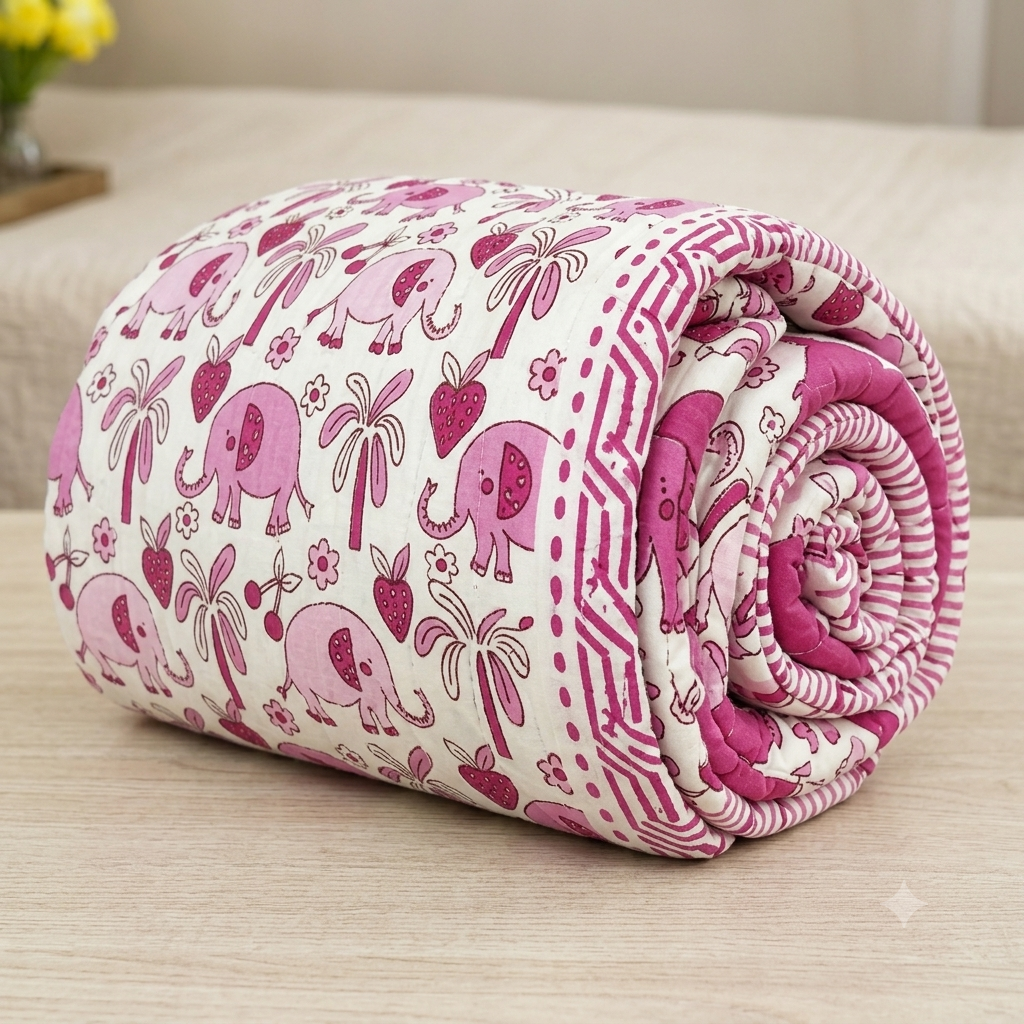 Pink Baby Elephant Patterns Hand Block  & Quilt/ Razai
