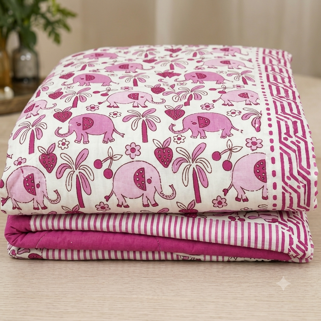 Pink Baby Elephant Patterns Hand Block  & Quilt/ Razai