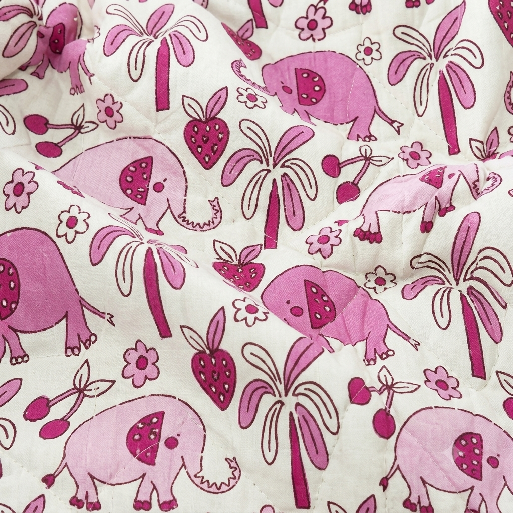 Pink Baby Elephant Patterns Hand Block  & Quilt/ Razai
