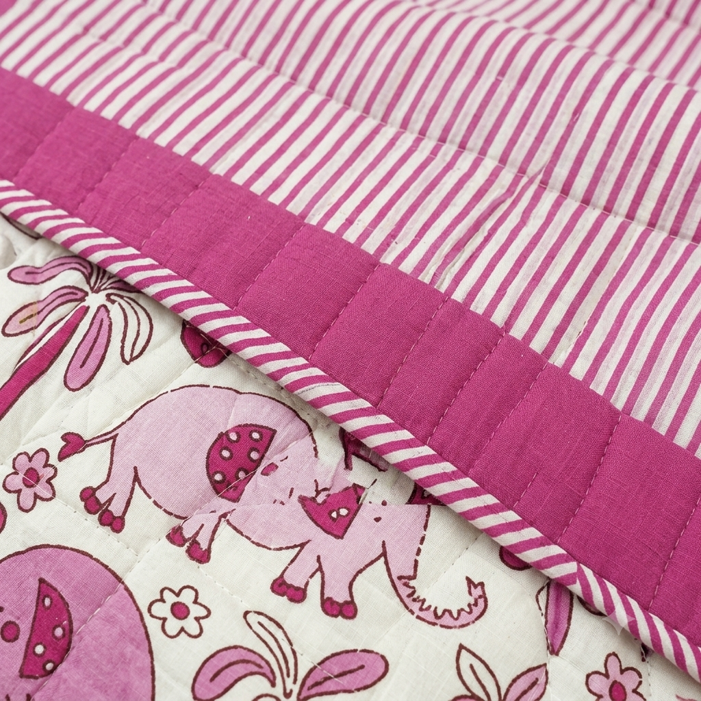 Pink Baby Elephant Patterns Hand Block  & Quilt/ Razai