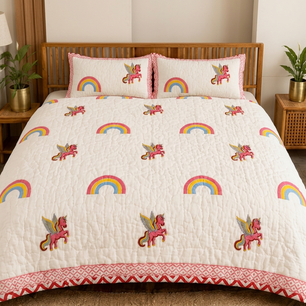 Multicolor Rainbow Unicorn Patterns  Hand Block  & Quilt/ Razai