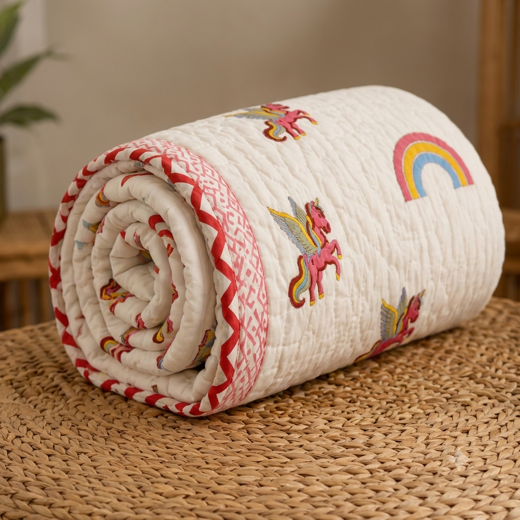 Multicolor Rainbow Unicorn Patterns  Hand Block  & Quilt/ Razai