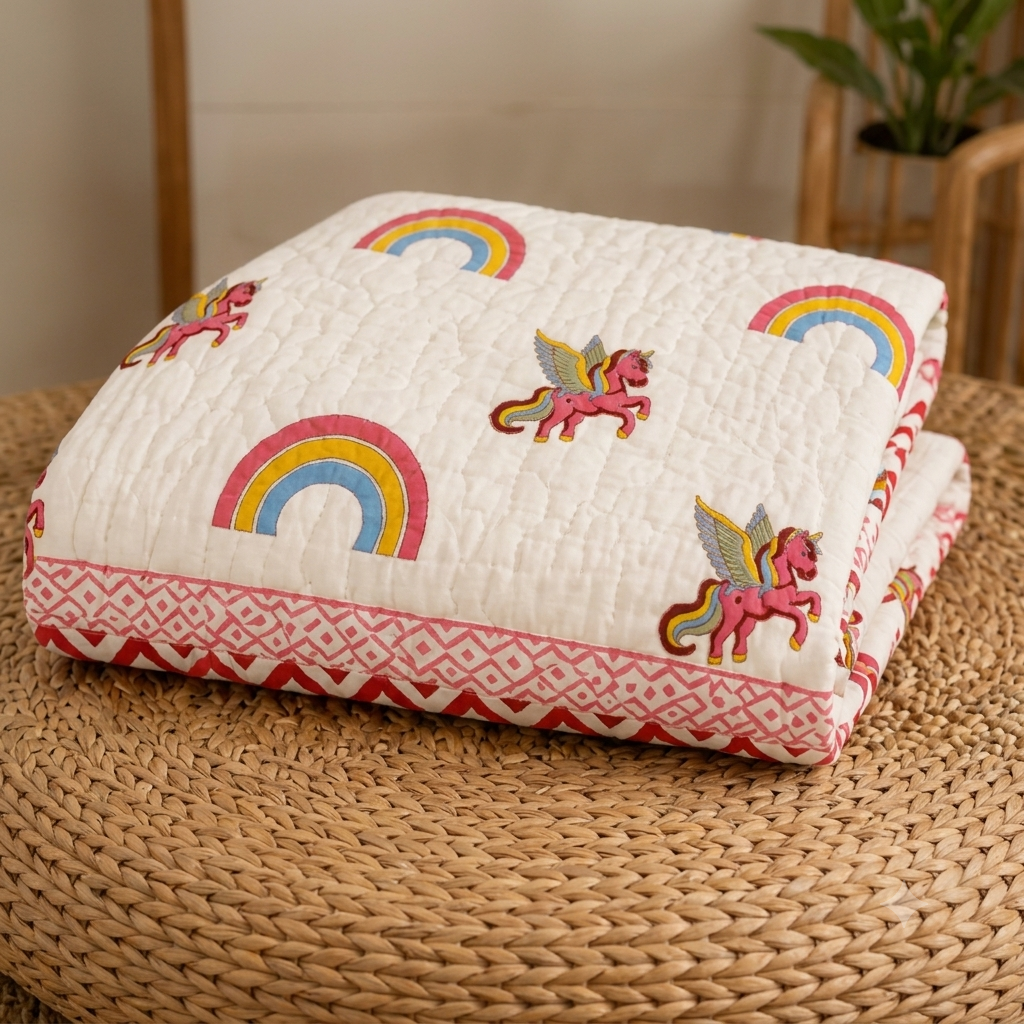 Multicolor Rainbow Unicorn Patterns  Hand Block  & Quilt/ Razai