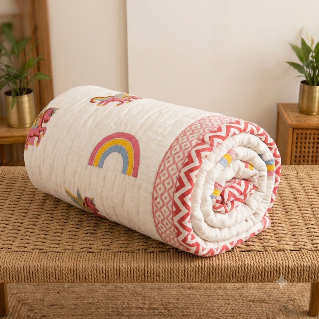 Multicolor Rainbow Unicorn Patterns  Hand Block  & Quilt/ Razai