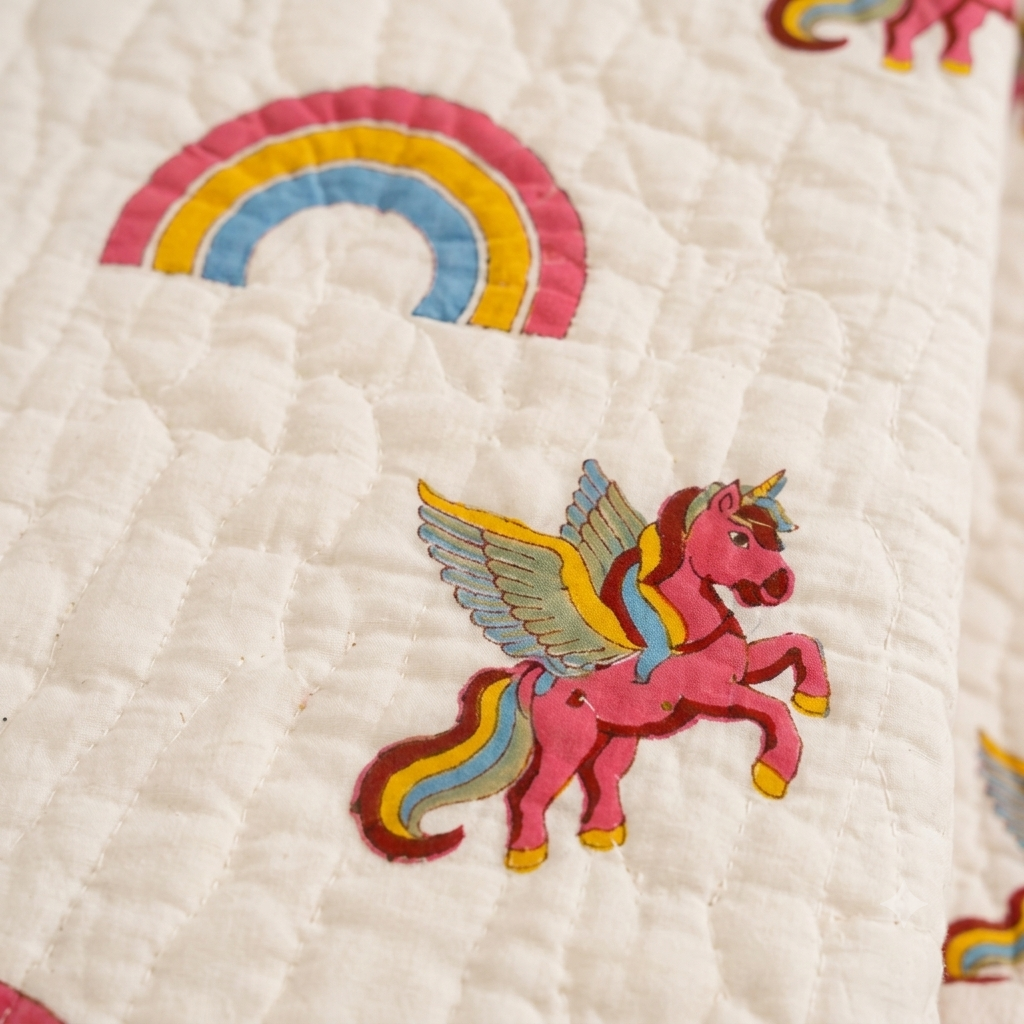Multicolor Rainbow Unicorn Patterns  Hand Block  & Quilt/ Razai