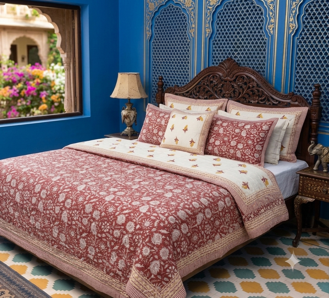 Red Floral Hand Block Quilt/ Razai