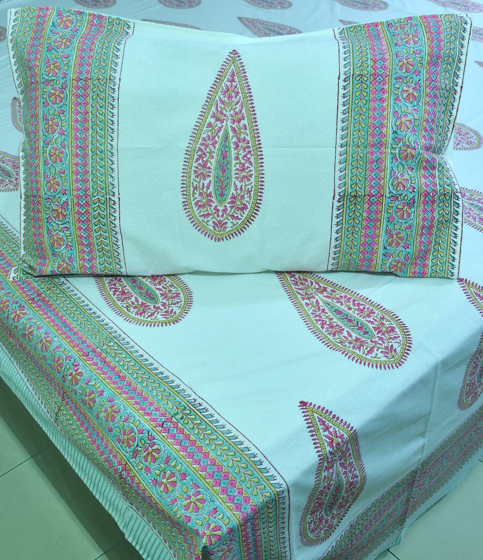 Gulabi Pankhudi Hand Block Bedsheet with 2 Pillow Cover Sets - 280TC