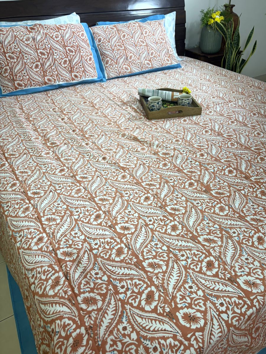 Orange Leaf Patterns  Hand Block Bedsheet with 2 Pillow Cover Set - 400TC