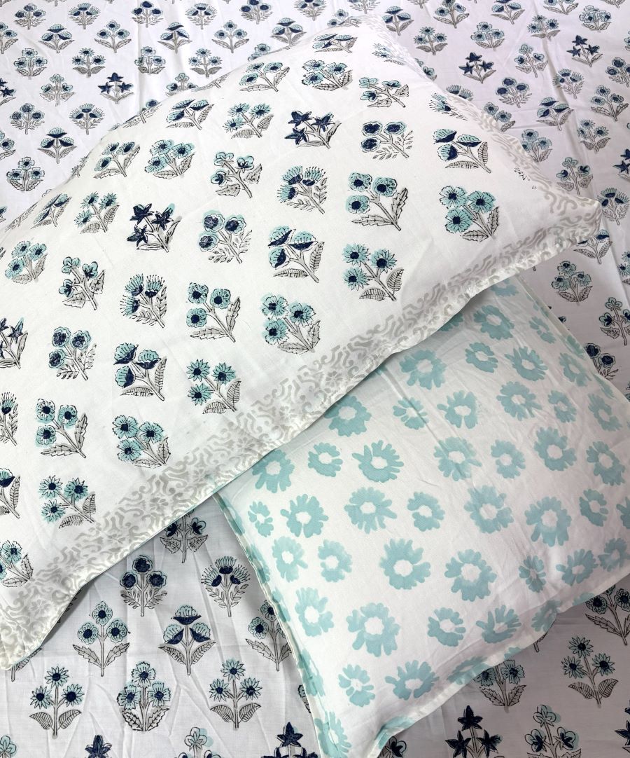 Blue & Grey Small Butta Patterns Hand Block Bedsheet with 2 Pillow Cover Set - 400TC