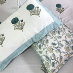Turquoise Blue Floral Motif  Hand Block Bedsheet with 2 Pillow Cover Set - 400TC