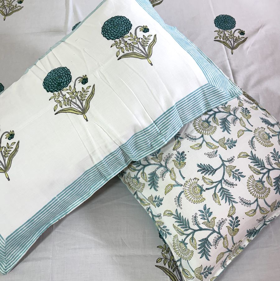 Turquoise Blue Floral Motif  Hand Block Bedsheet with 2 Pillow Cover Set - 400TC