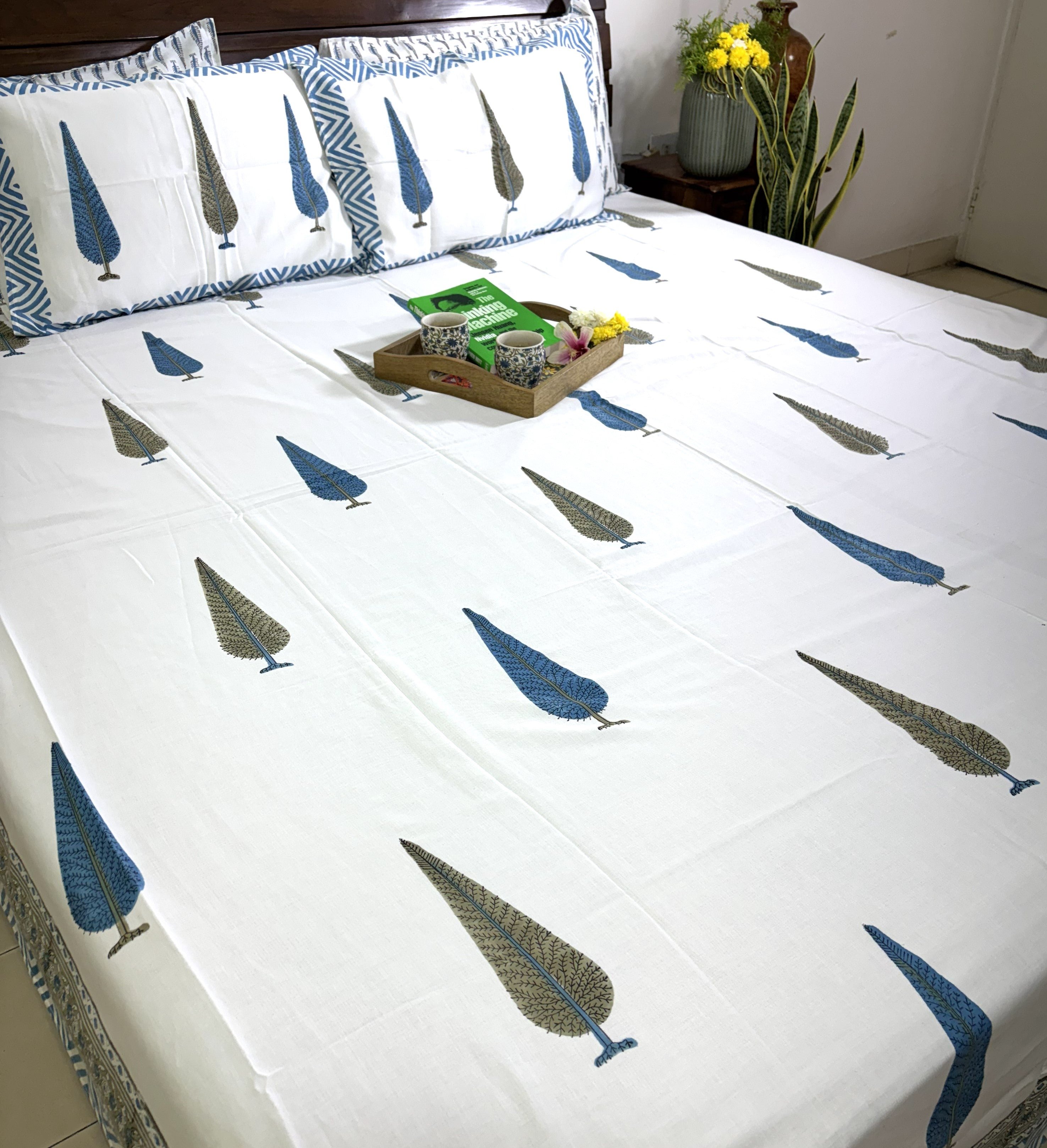 Blue Tree Motif  Hand Block Bedsheet with 2 Pillow Cover Set - 400TC