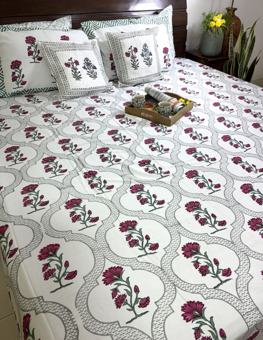 Deep Pink Carnation Flower Patterns Hand Block Bedsheet with 2 Pillow Cover Set - 400TC