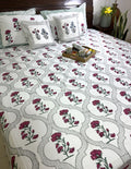 Deep Pink Carnation Flower Patterns Hand Block Bedsheet with 2 Pillow Cover Set - 400TC