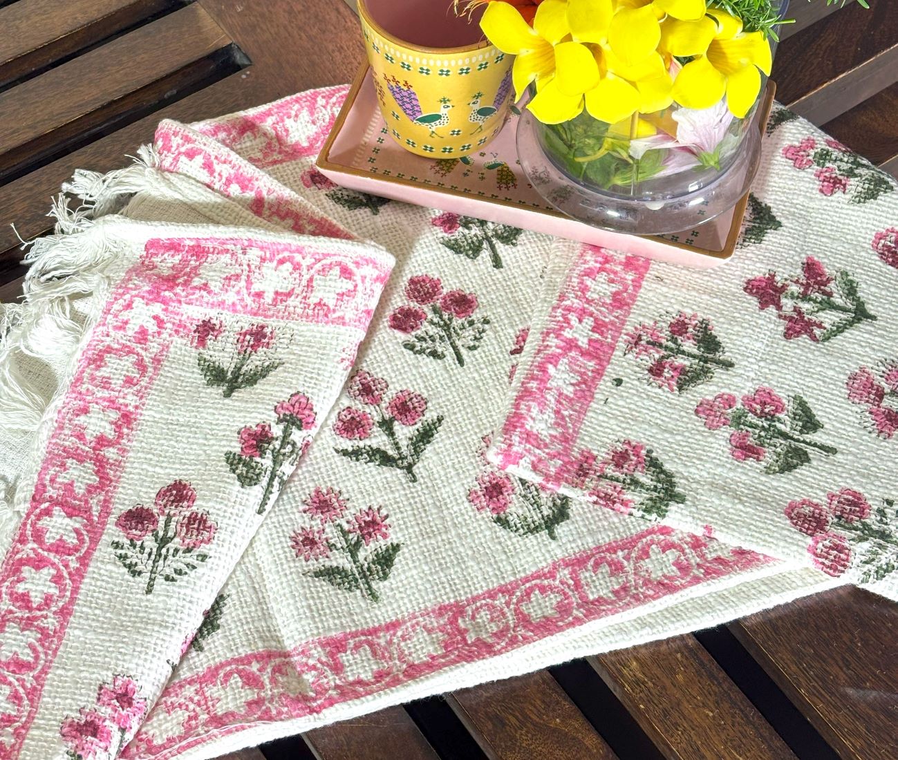 Pink Small Flower Hand Block Printed Jute Table Runner