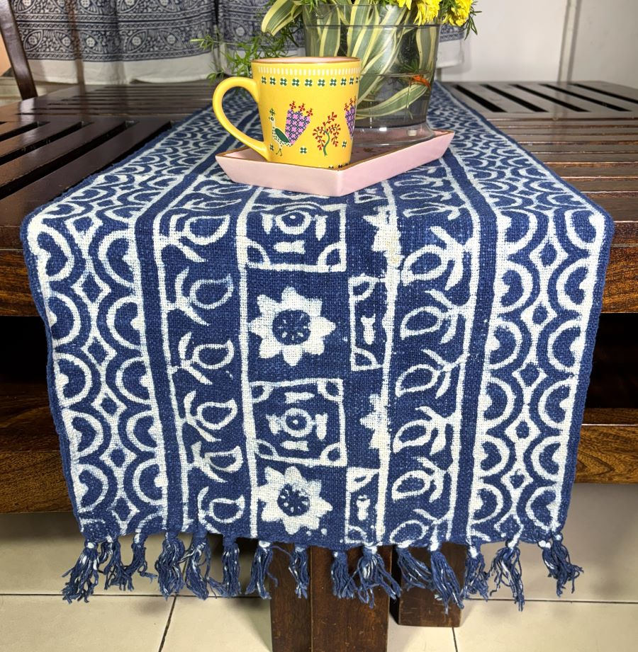 Traditional Indigo Hand Block Printed Jute Table Runner