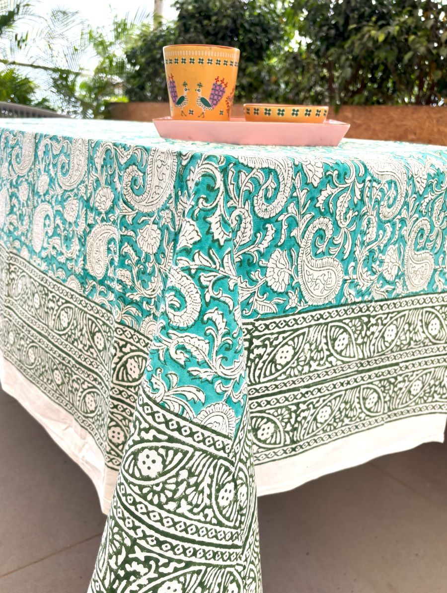 Green Paisley ka Gulistaan Hand Block Rectangle Table Cover /Cloth