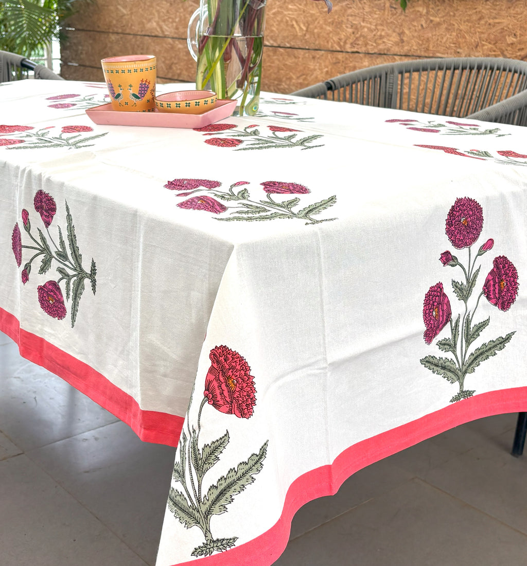 Pink & Magenta Marigold  Hand Block Rectangle Table Cover / Cloth