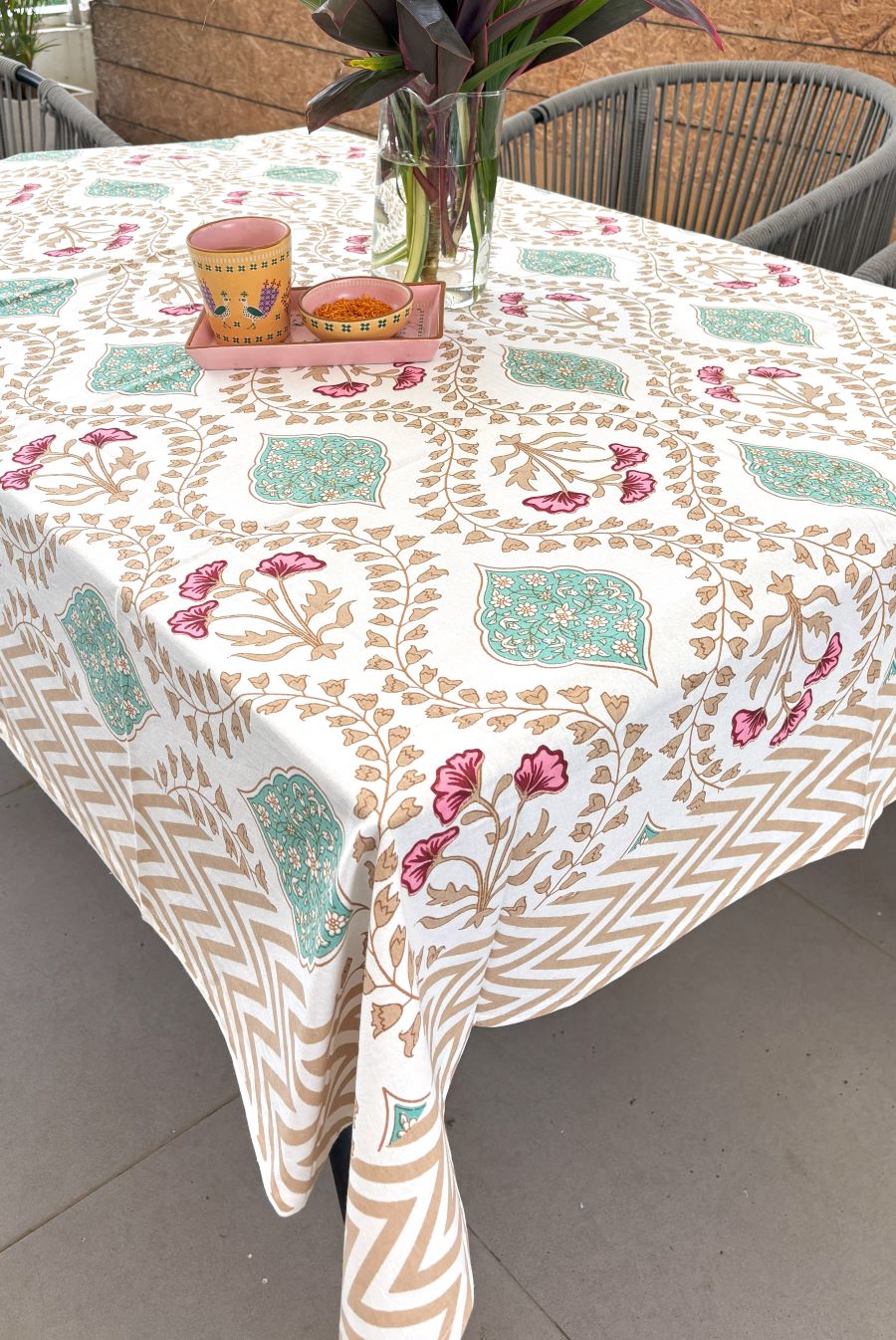 Pink Hibiscus on Gold Hand Block Rectangle  Table Cover / Cloth