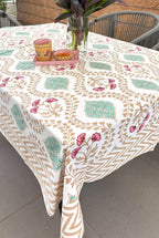 Pink Hibiscus on Gold Hand Block Rectangle  Table Cover / Cloth
