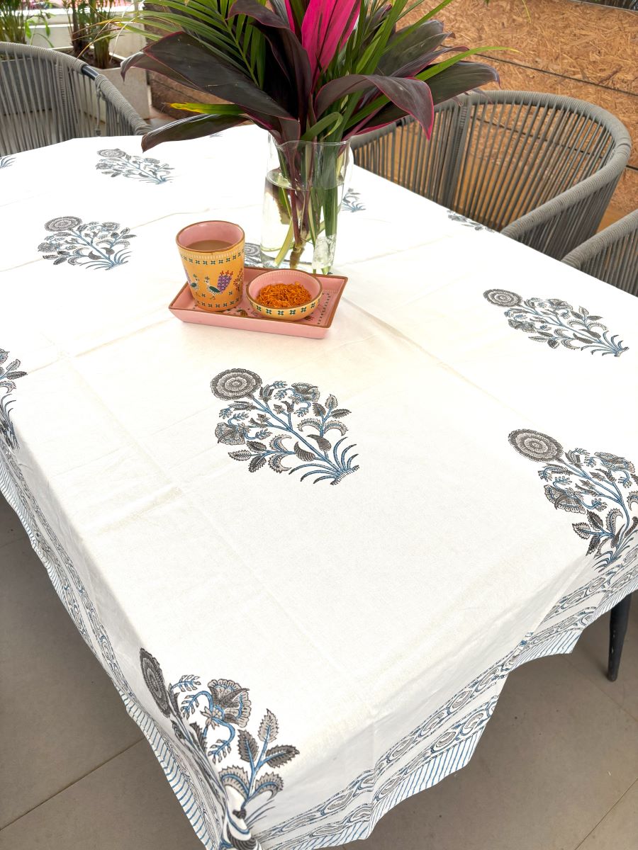Sunflower Grey & Light Blue Hand Block Rectangle Table Cover /Cloth