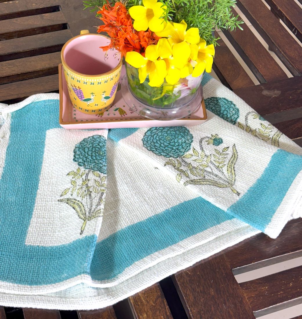 Blue Flower Jaal Hand Block Printed Jute Table Runner