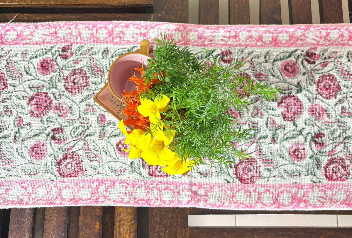 Pink Flower Jaal Hand Block Printed Jute Table Runner