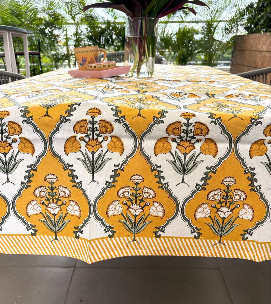 Royal Yellow Floral Boota Hand Block Rectangle  Table Cover / Cloth