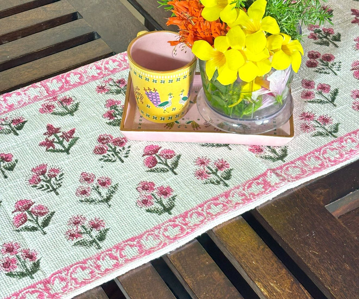 Pink Small Flower Hand Block Printed Jute Table Runner