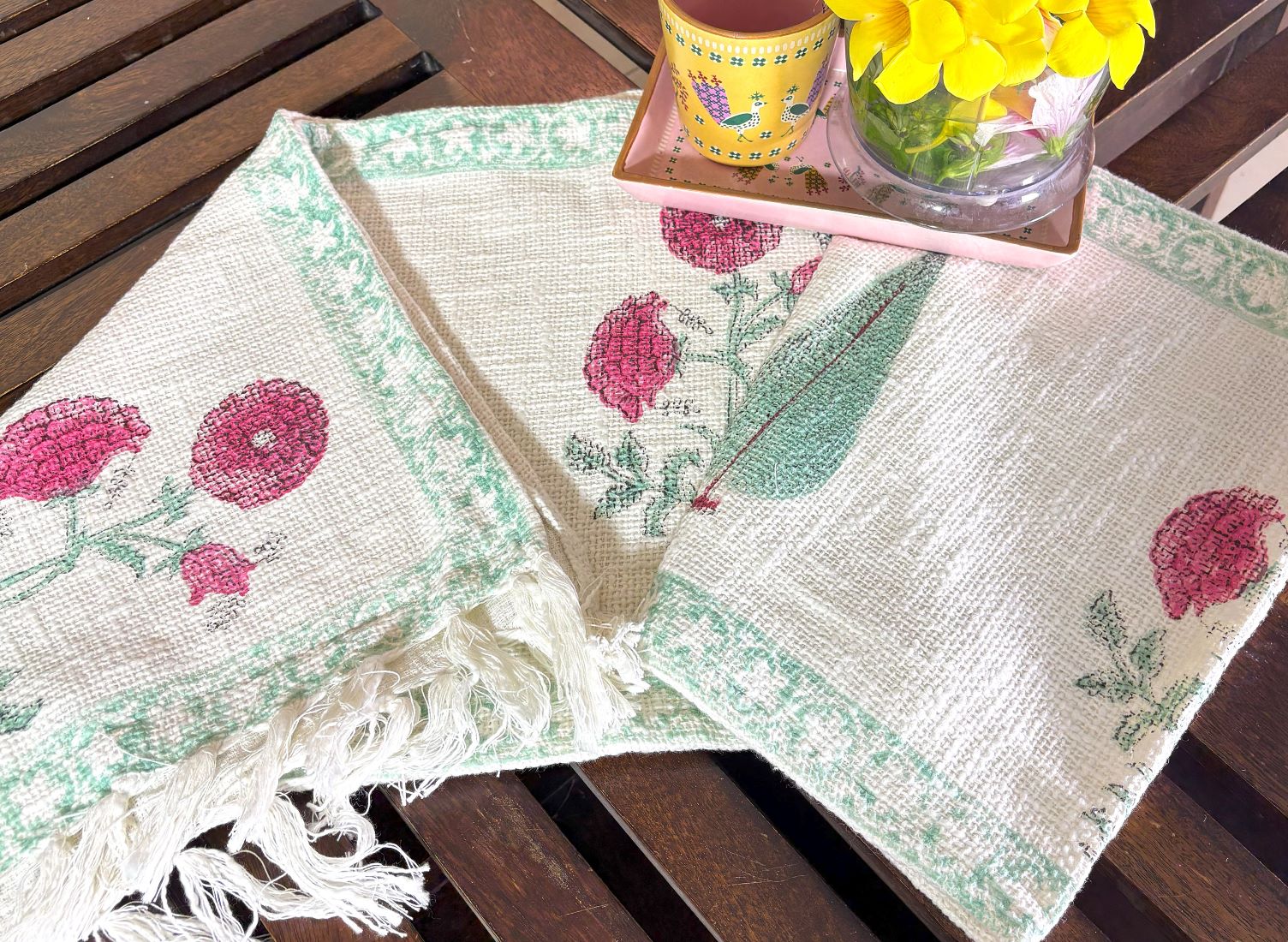 Red & Green Gulbahaar Hand Block Printed Jute Table Runner