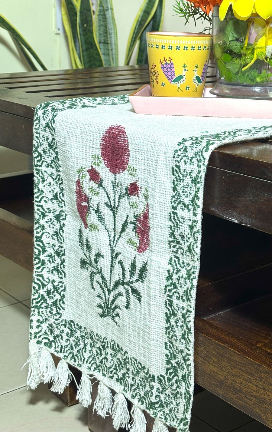 Red Sunflower Hand Block Printed Jute Table Runner