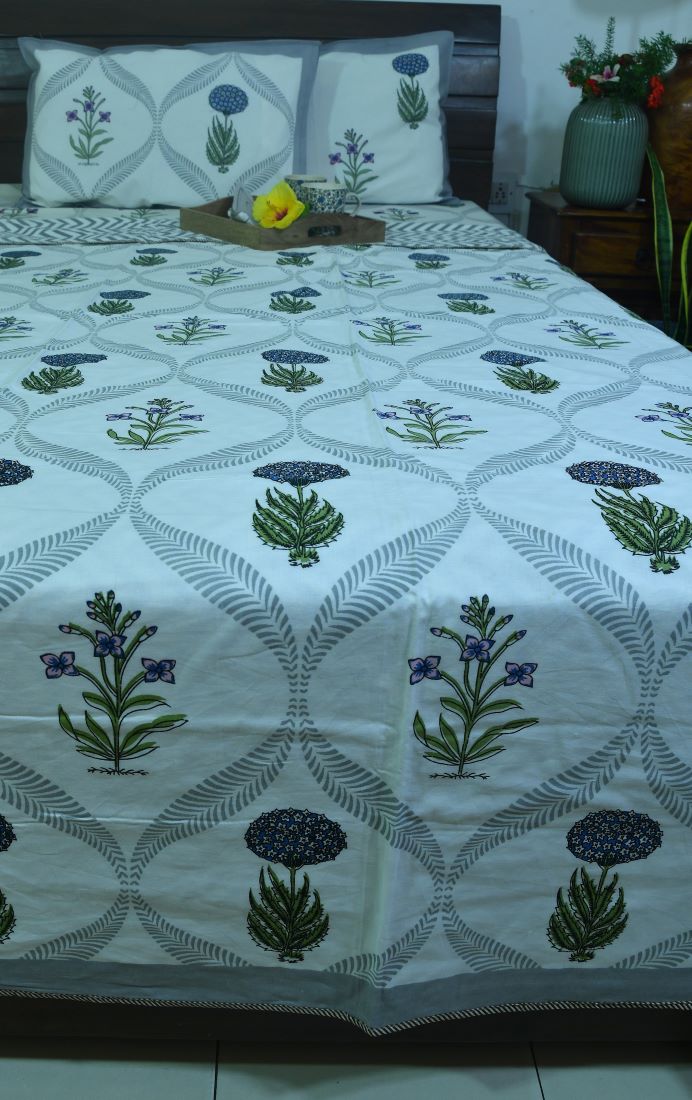 Blue Marigold with Pink Lilly Dohar Bedsheet & Dohar Set – Hand Block Printed