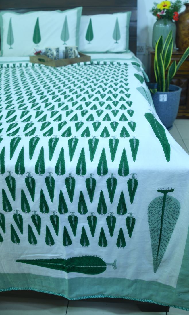 Green Gulbahaar Jaal  Bedsheet & Dohar Set – Hand Block Printed