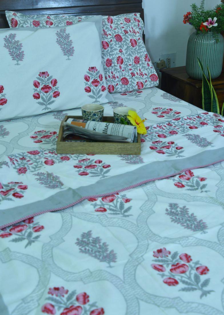 Pink Flower Bedsheet & Dohar Set – Hand Block Printed