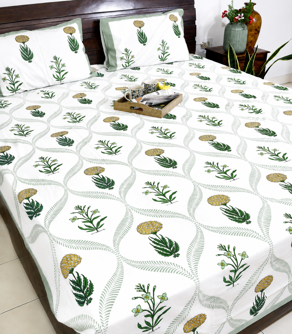 Marigold with Purple Lily Hand Block Bedsheet with 2 Pillow Cover Set - 220TC