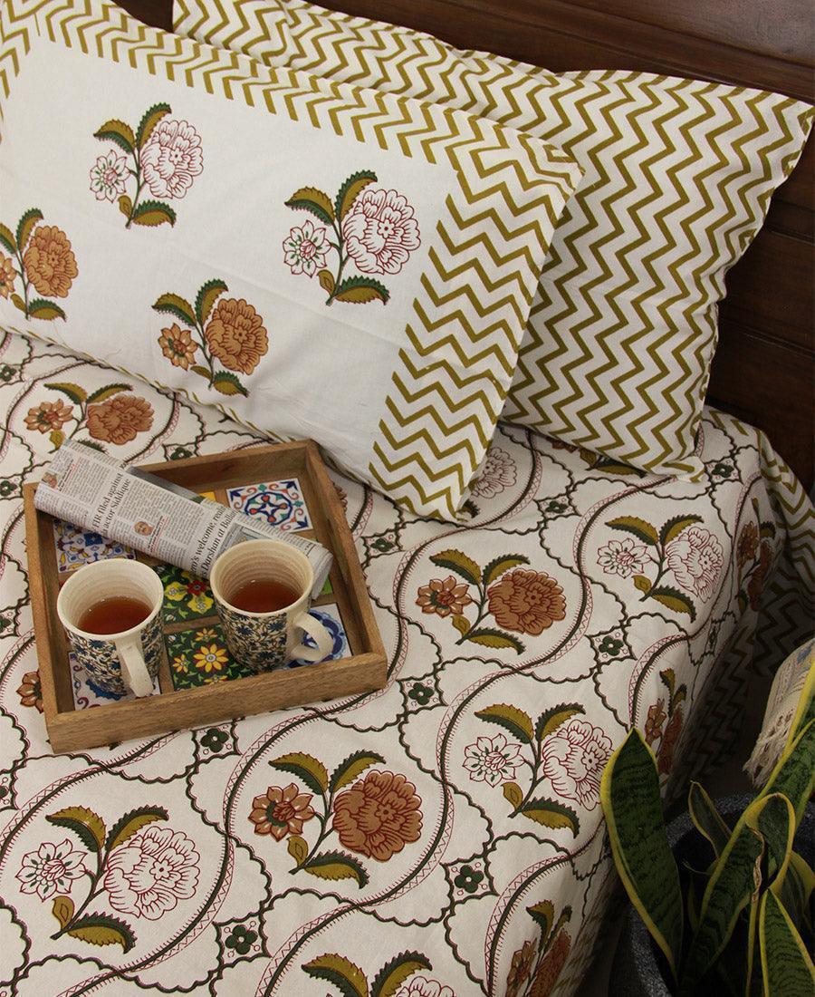 Yellow Chandramallika Hand Block Bedsheet With 2 Pillow Cover Set 22 Yellow chandramallika hand block bedsheet with 2 pillow cover set 22