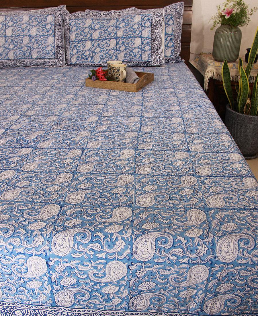 Blue Paisley ka Gulistaan Hand Block Bedsheet with 2 Pillow Cover Set - 280TC