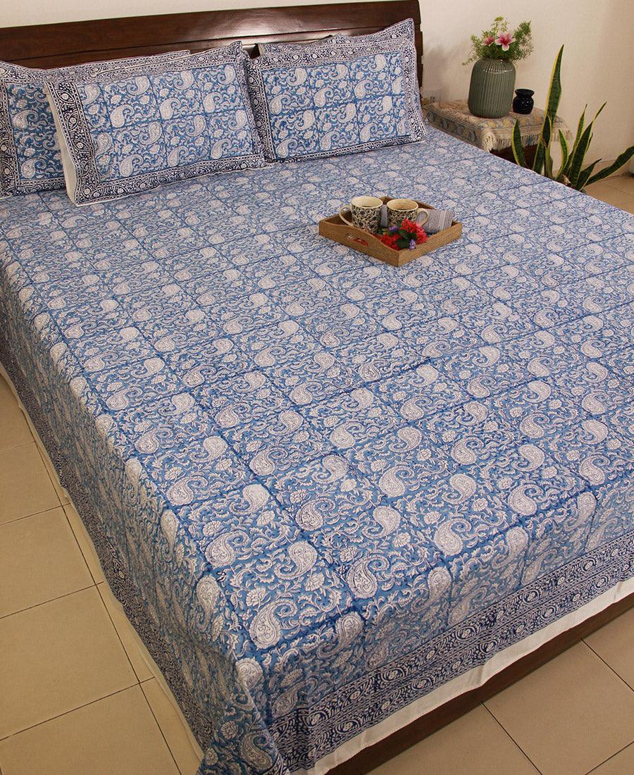 Blue Paisley ka Gulistaan Hand Block Bedsheet with 2 Pillow Cover Set - 280TC