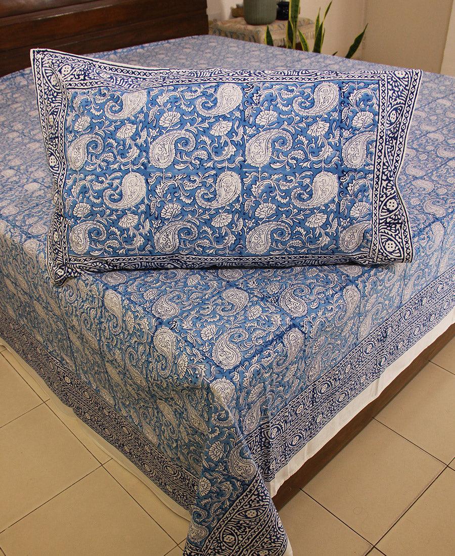 Blue Paisley ka Gulistaan Hand Block Bedsheet with 2 Pillow Cover Set - 280TC